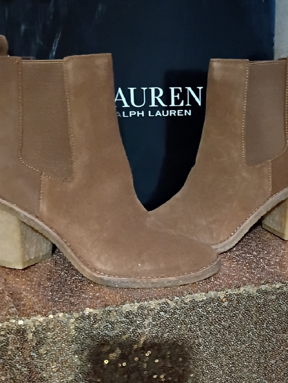 Ralph Lauren Chestnut Suede Chelsea Block Heel Booties